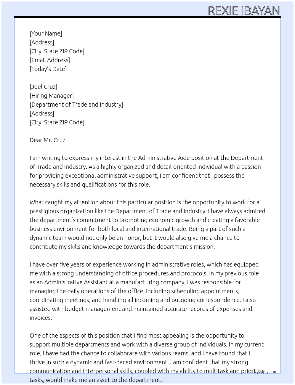 administrative aide At Department of Trade and Industry Cover Letter