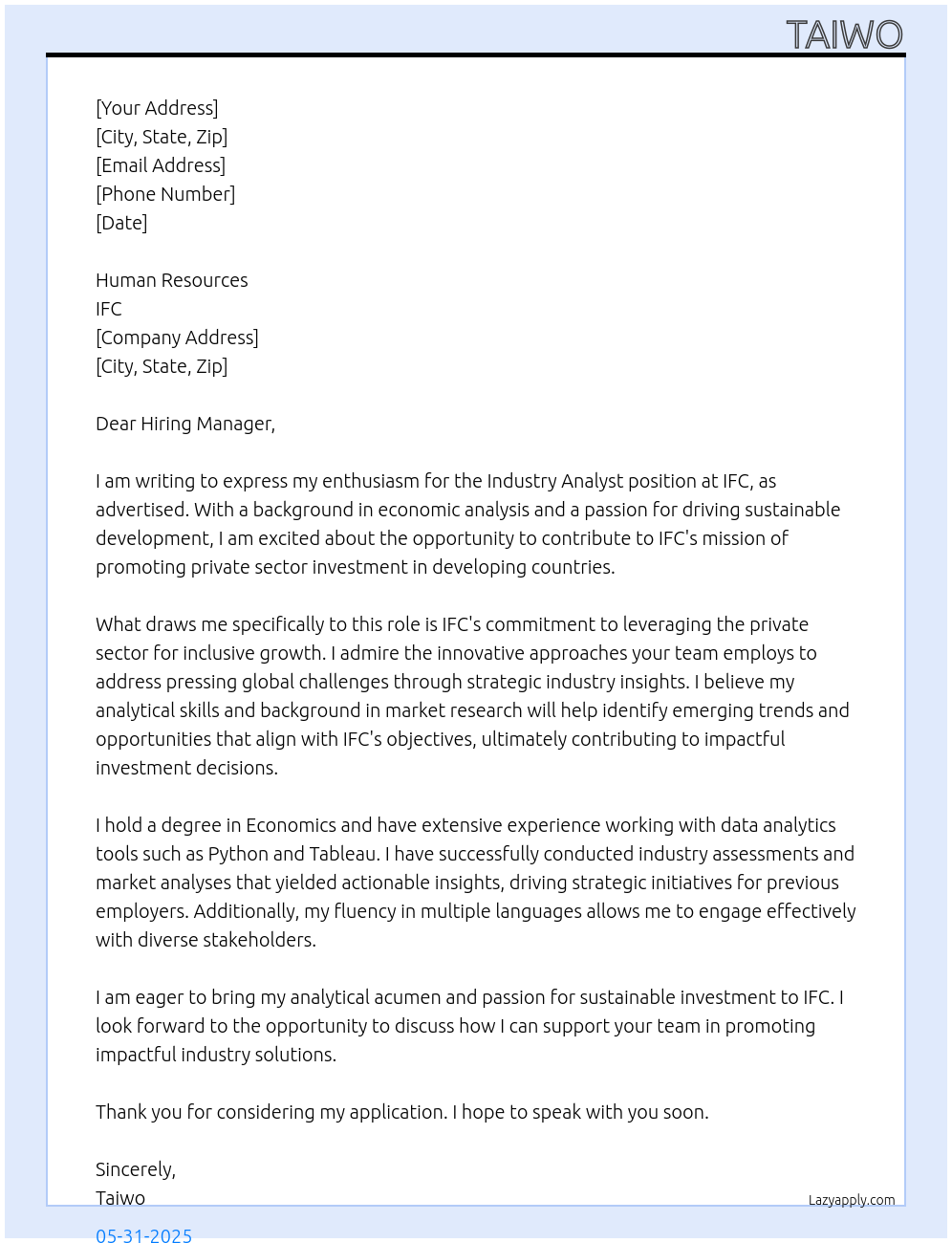 Industry analyst At IFC Cover Letter