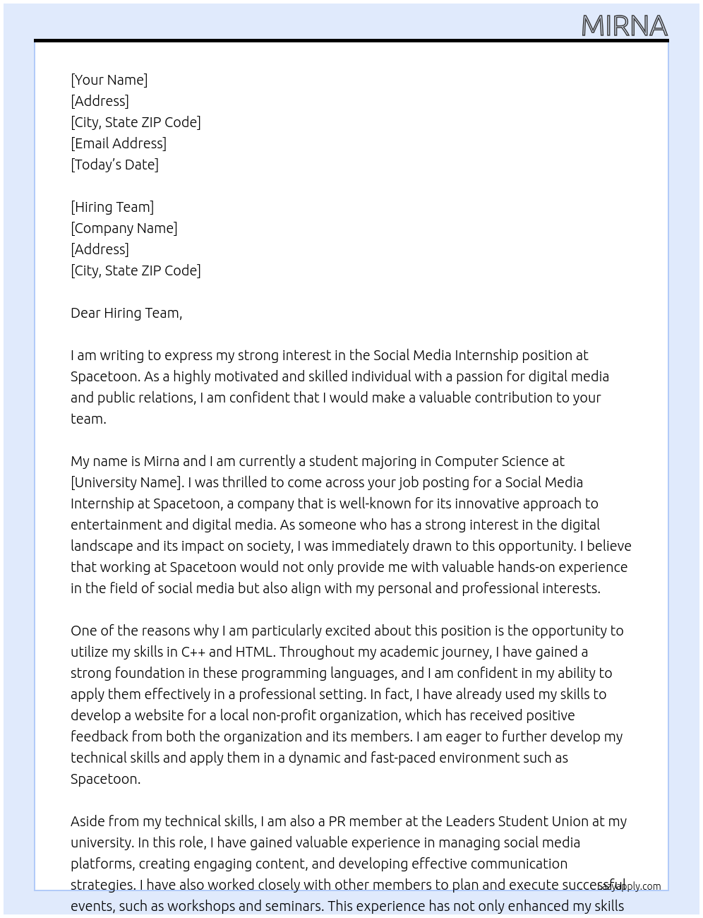 Social media internship At Spacetoon Cover Letter