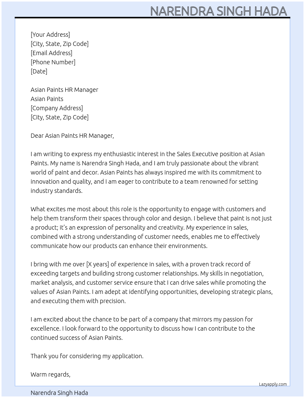 SALES EXECUTIVE  At ASIAN PAINTS  Cover Letter