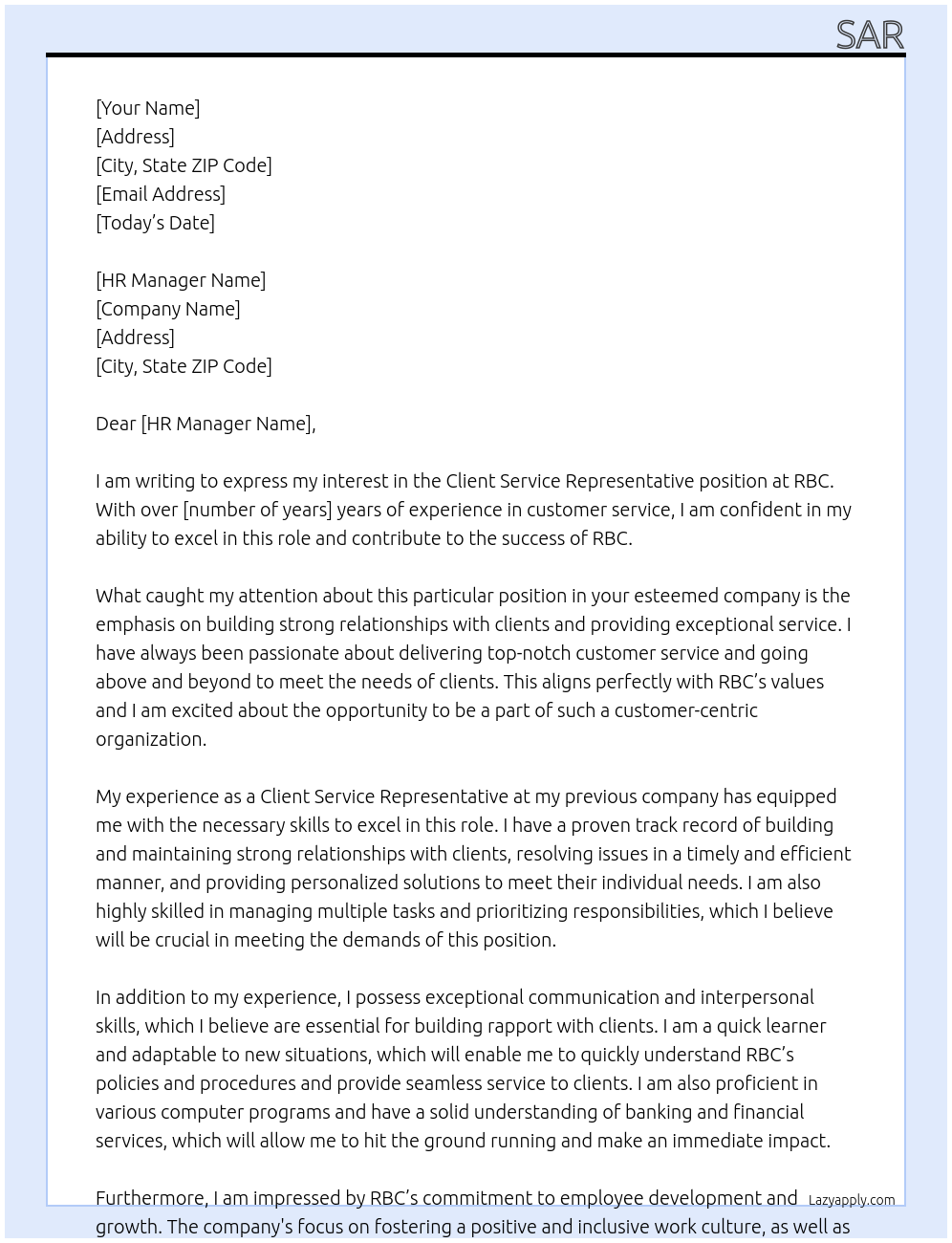 Client Service Representative At RBC Cover Letter