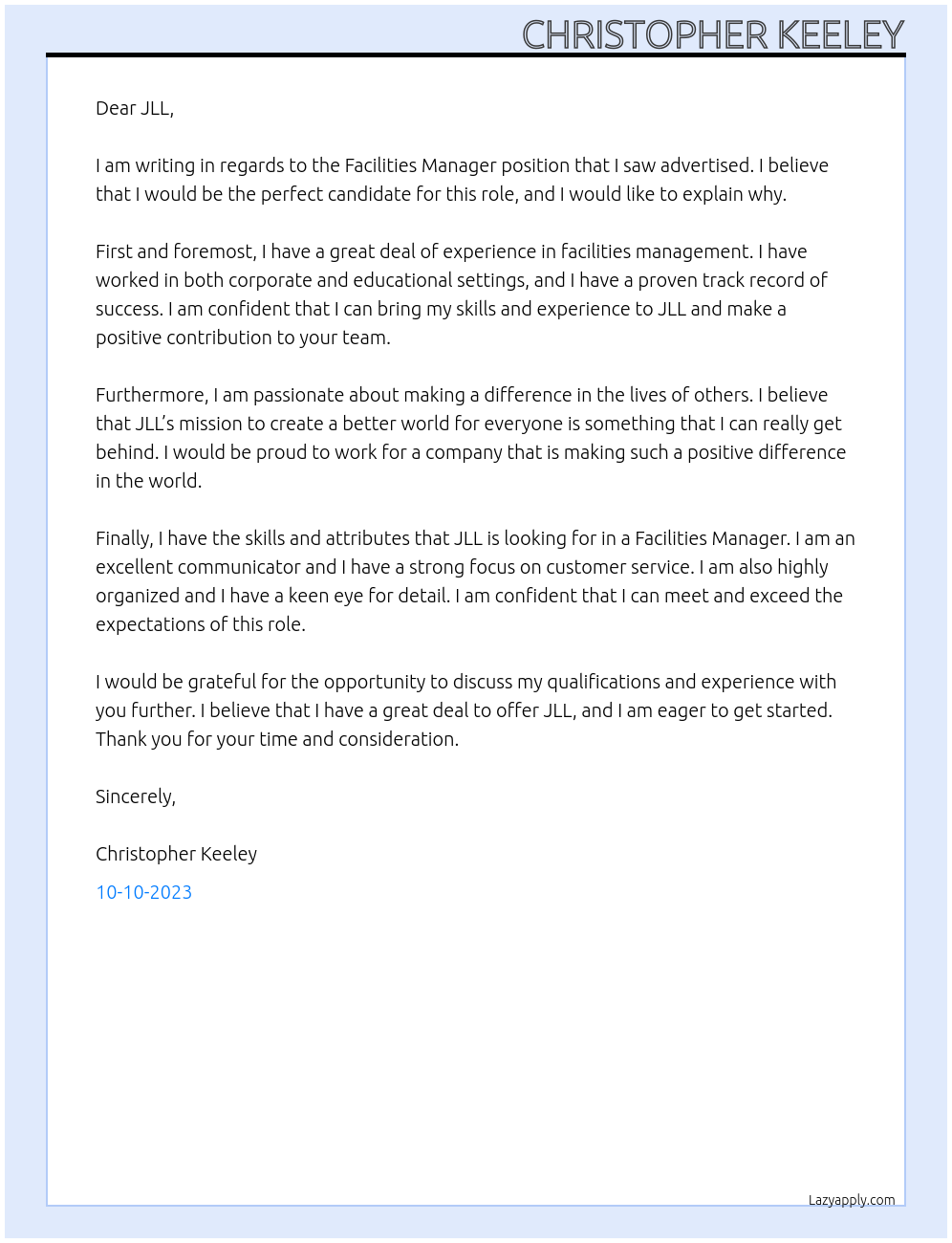 Facilities Manager At JLL Cover Letter