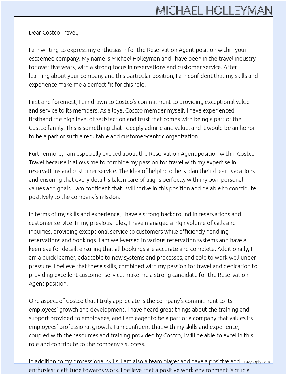 Reservation Agent At Costco Cover Letter