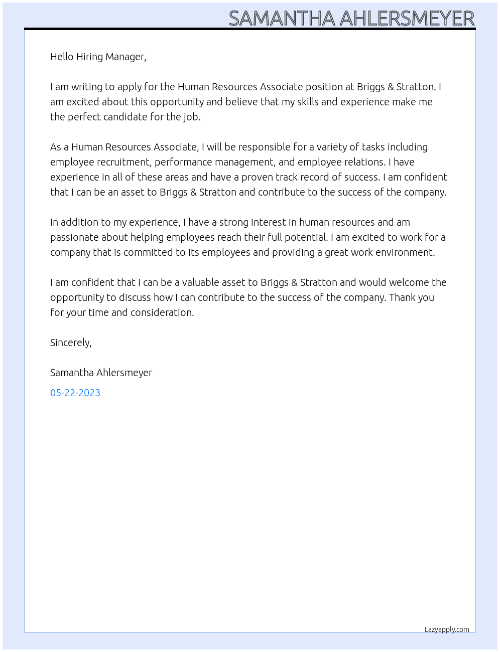 Human Resources Associate At Briggs & Stratton Cover Letter