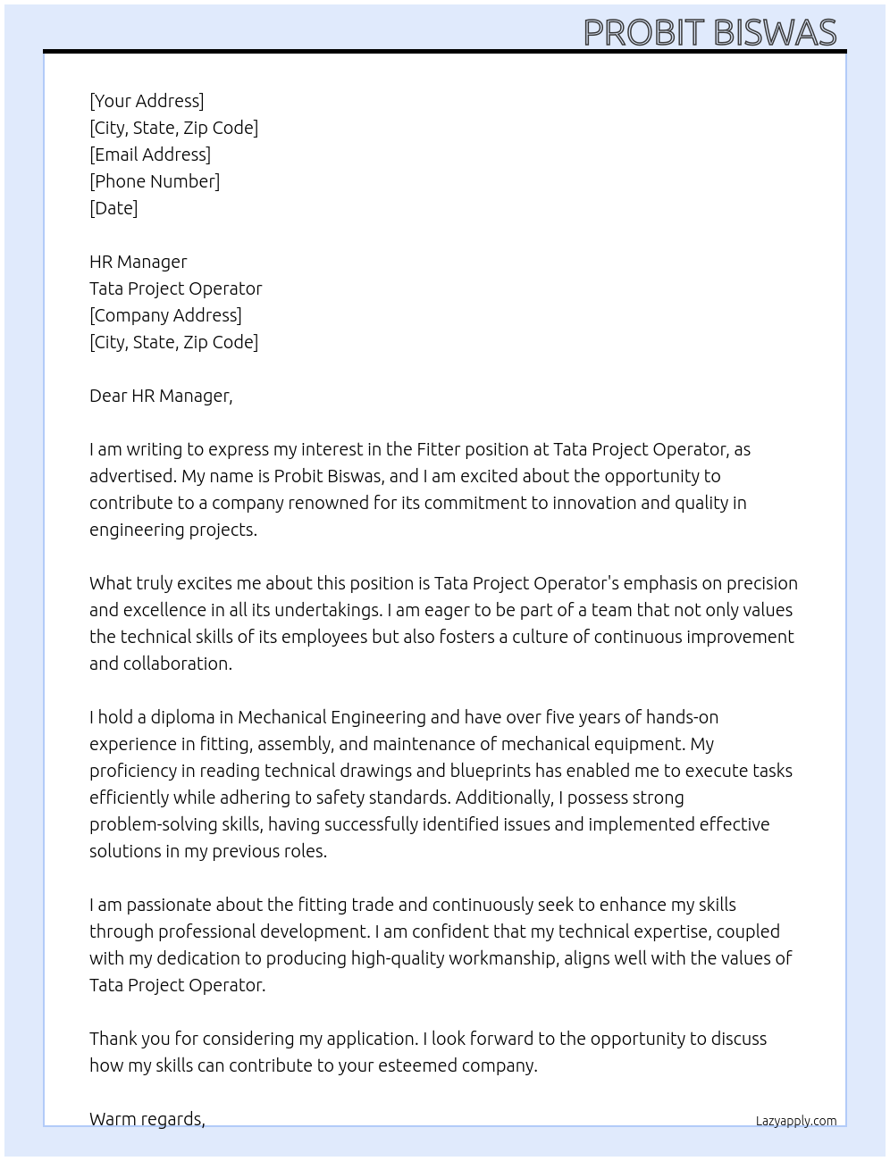 fitter At tata project operator Cover Letter