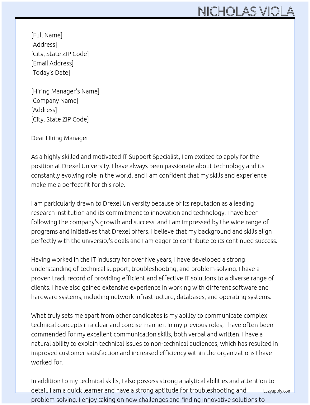 IT Support Specialist At Drexel University Cover Letter