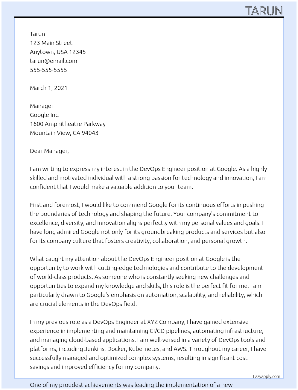 devops engineer At google Cover Letter