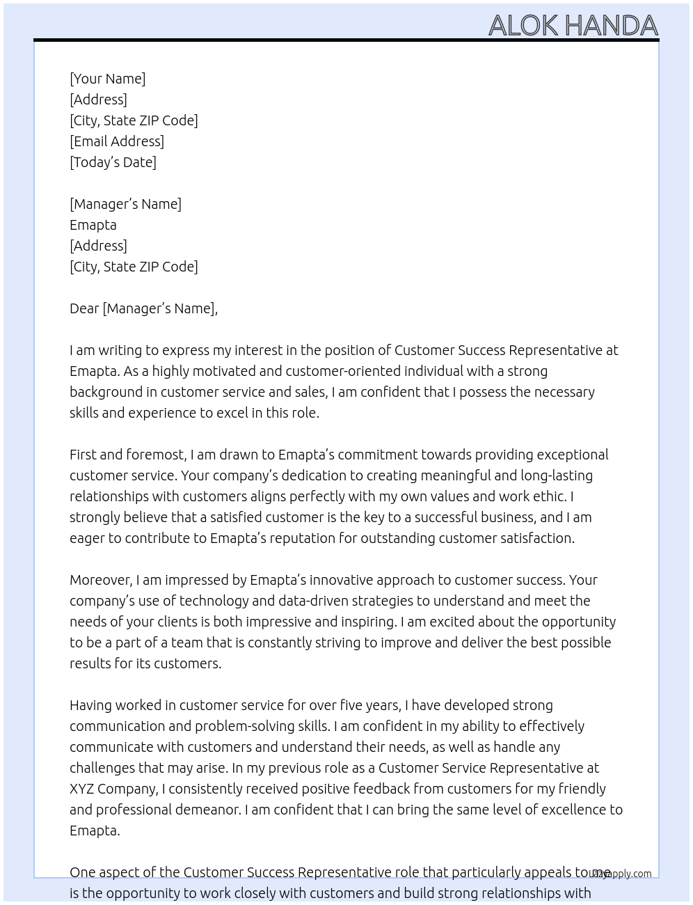 Customer Success Representative At Emapta Cover Letter