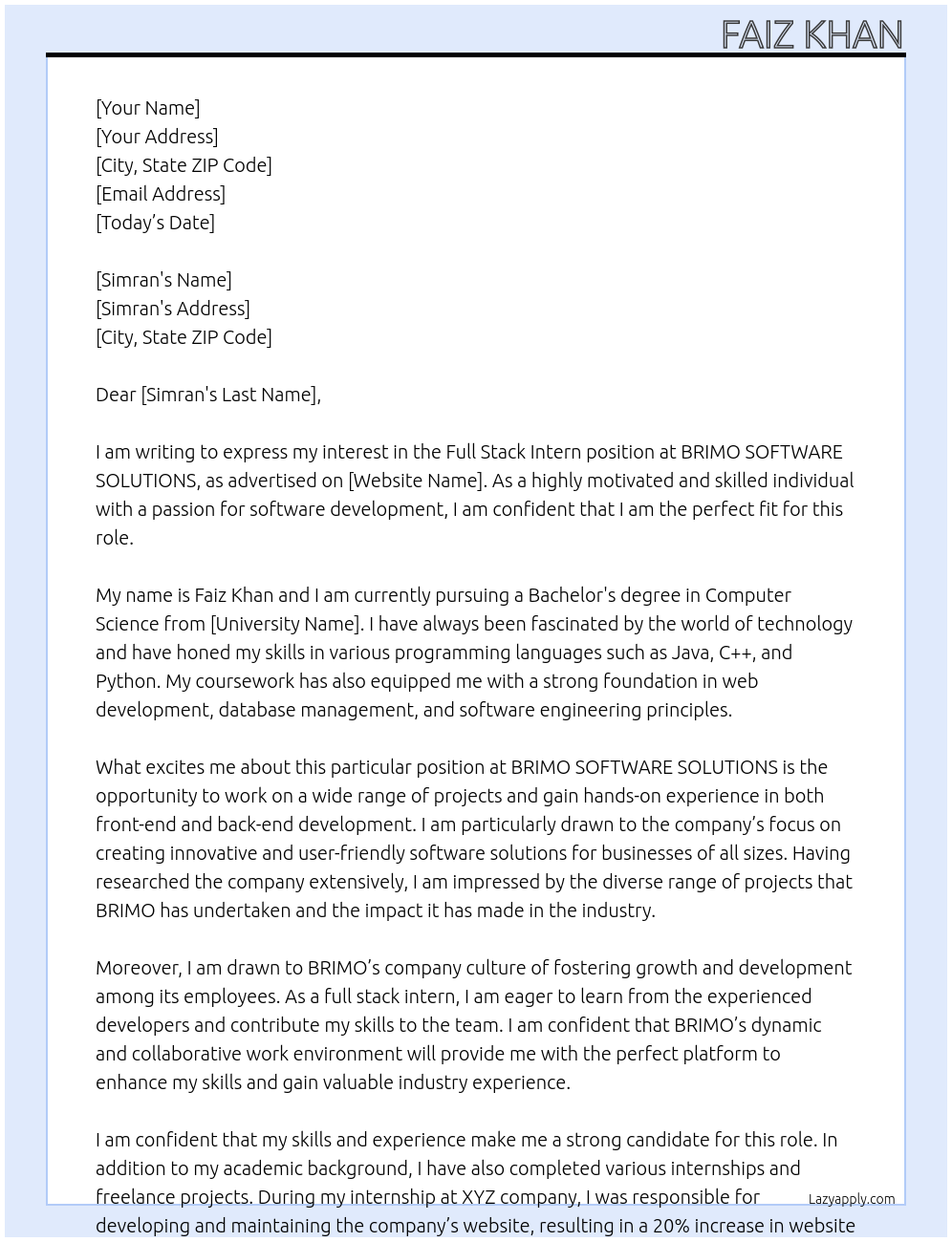 Full stack intern  At  BRIMO SOFTWARE  SOLUTIONS Cover Letter