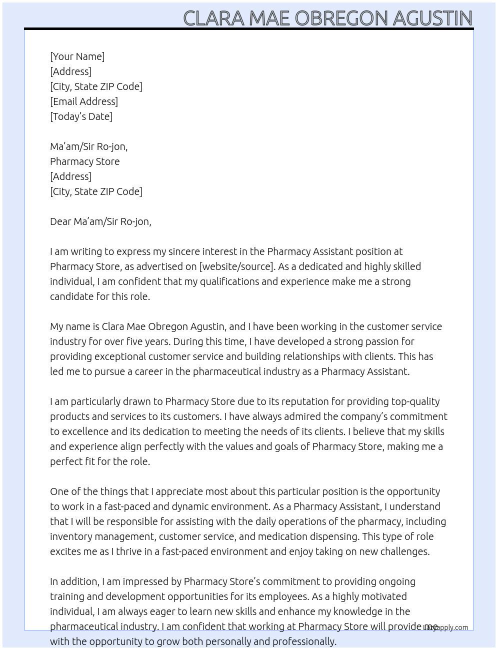 Pharmacy assistant At Pharmacy store Cover Letter