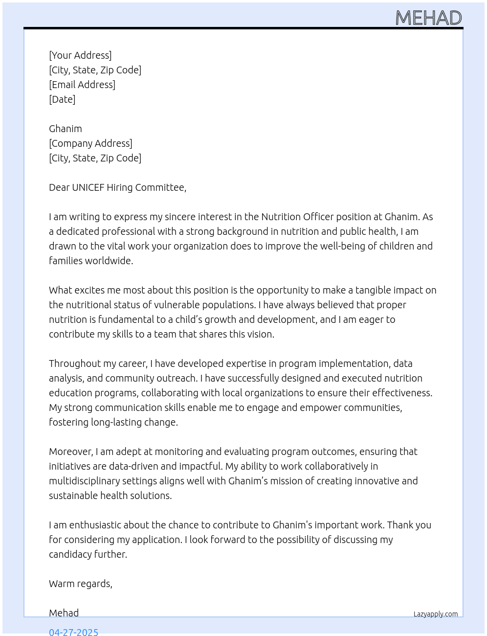 nutrition officer At ghanim Cover Letter