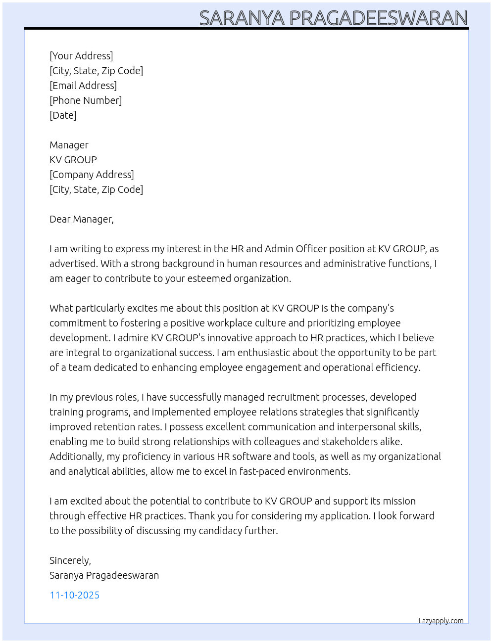 Cover letter for hr and admin officer - LazyApply