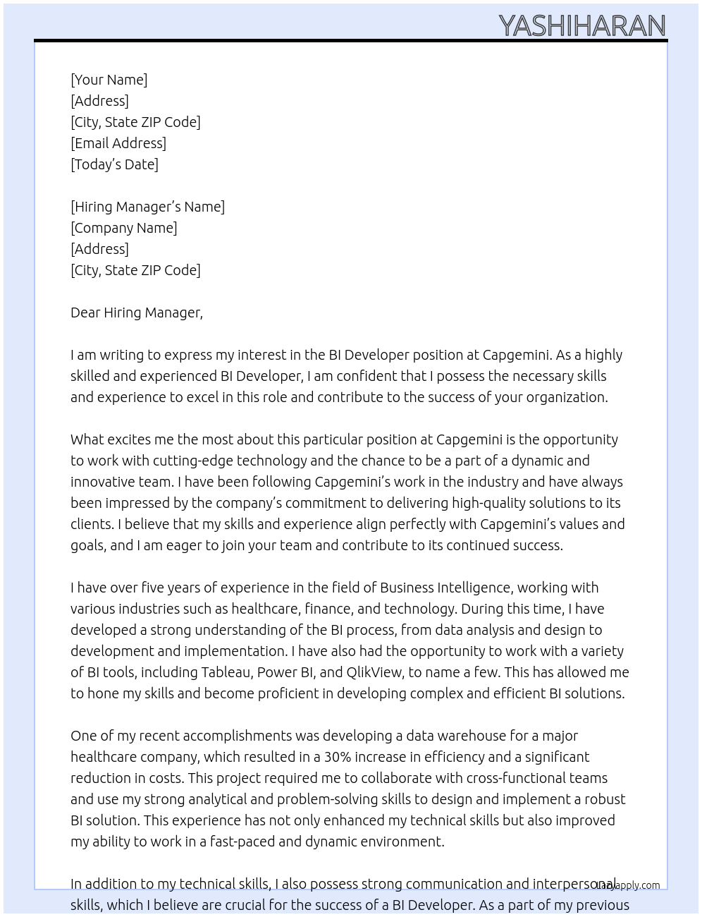 BI Developer At Capgemini Cover Letter