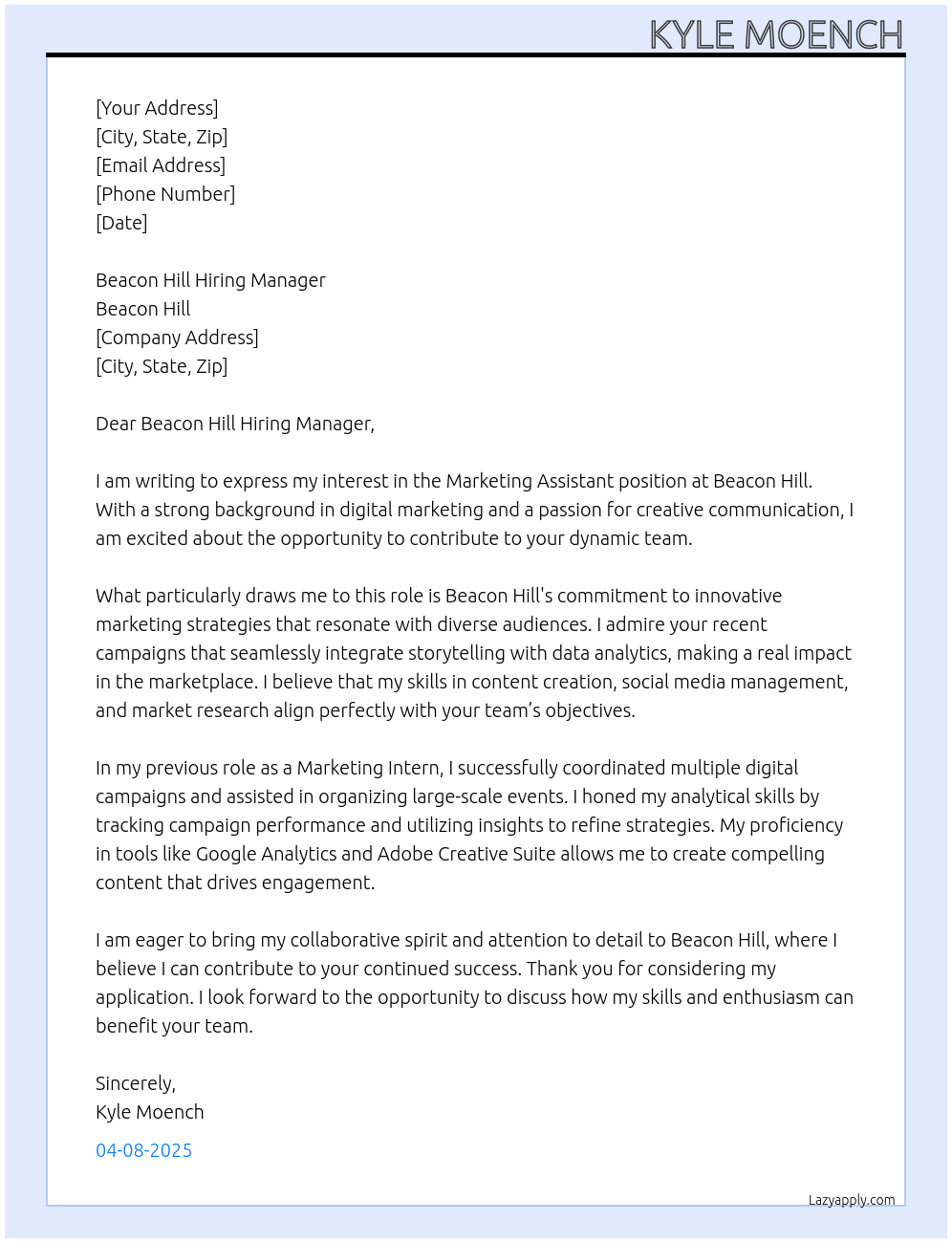 Marketing Assistant At Beacon Hill Cover Letter