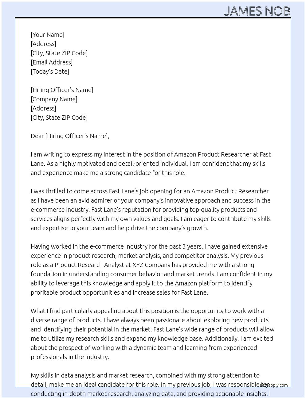Amazon product researcher At Fast lane Cover Letter