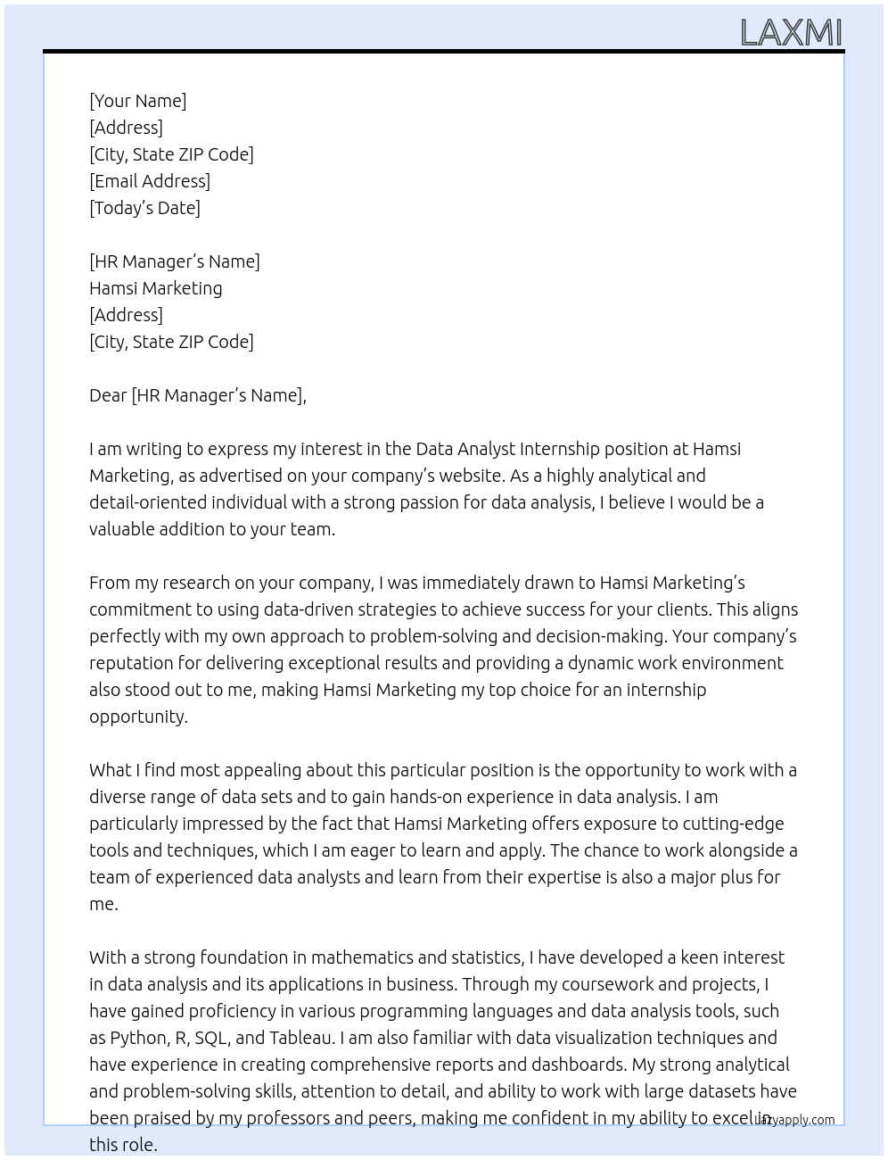 Data Analyst Internship At Hamsi Marketing Cover Letter