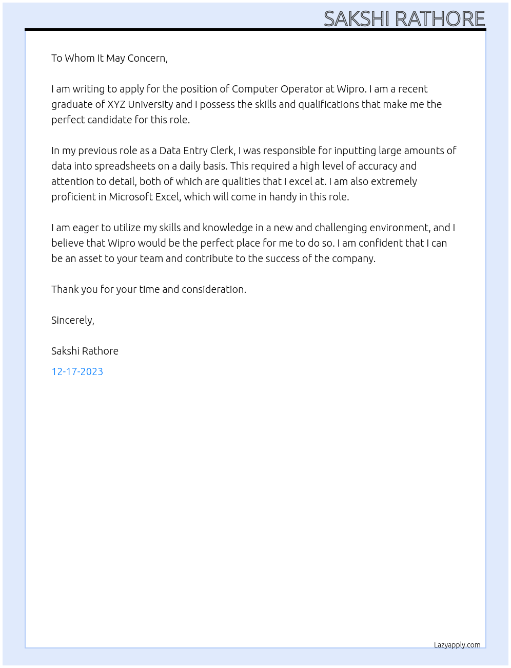 Computer operator At Wipro Cover Letter