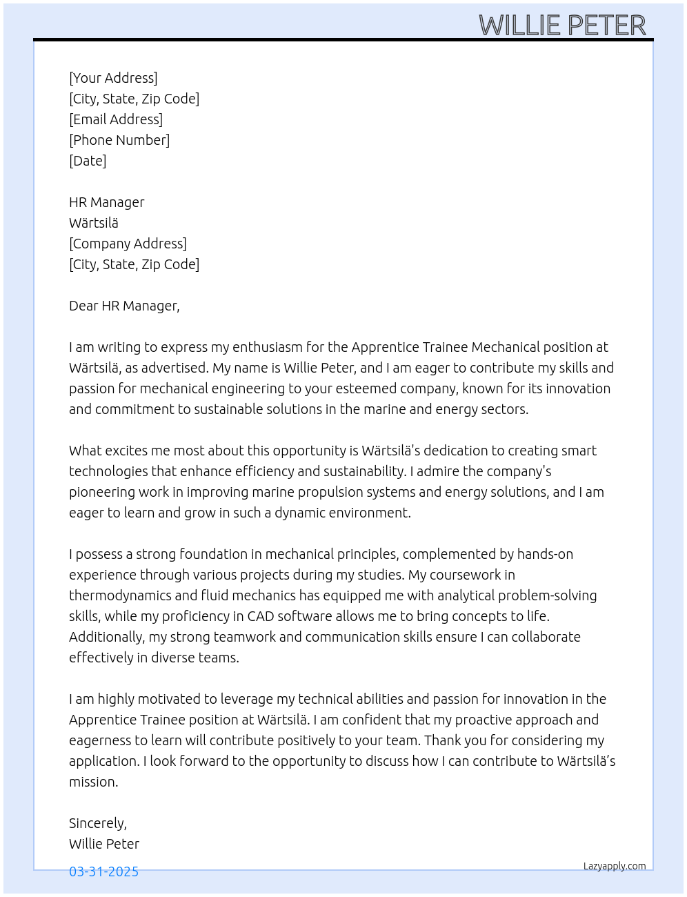 Cover letter for apprentice trainee mechanical - LazyApply