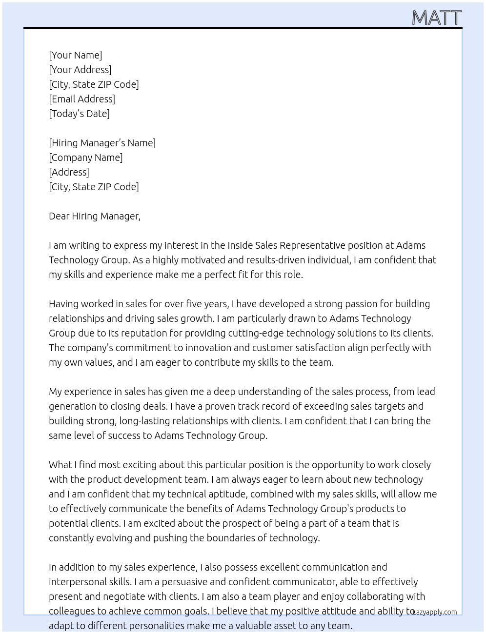 Inside Sales Representative At Adams Technology Group Cover Letter