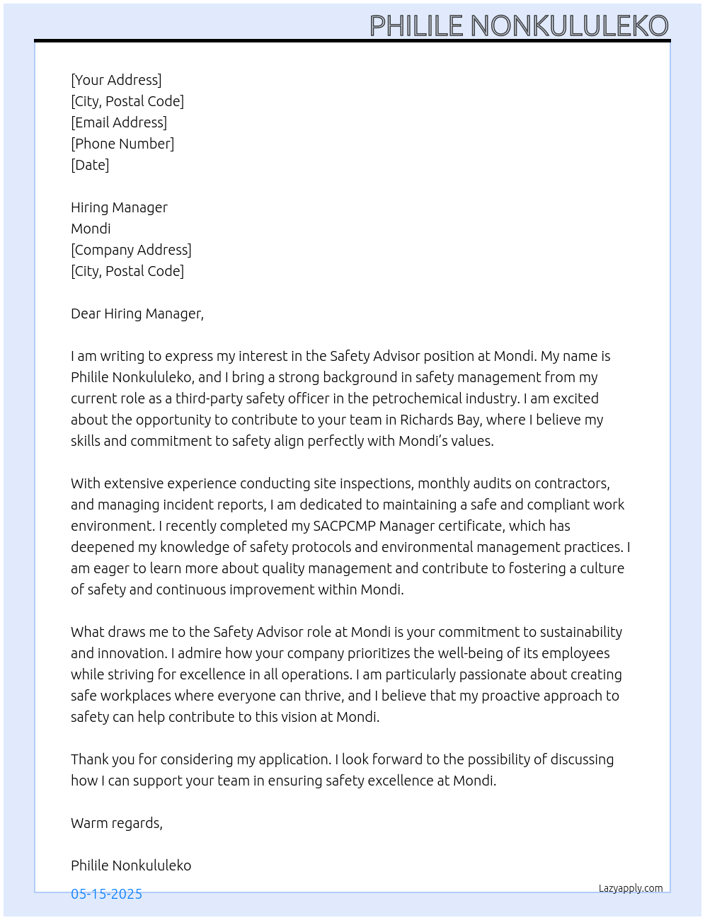 Cover letter for safety advisor - LazyApply