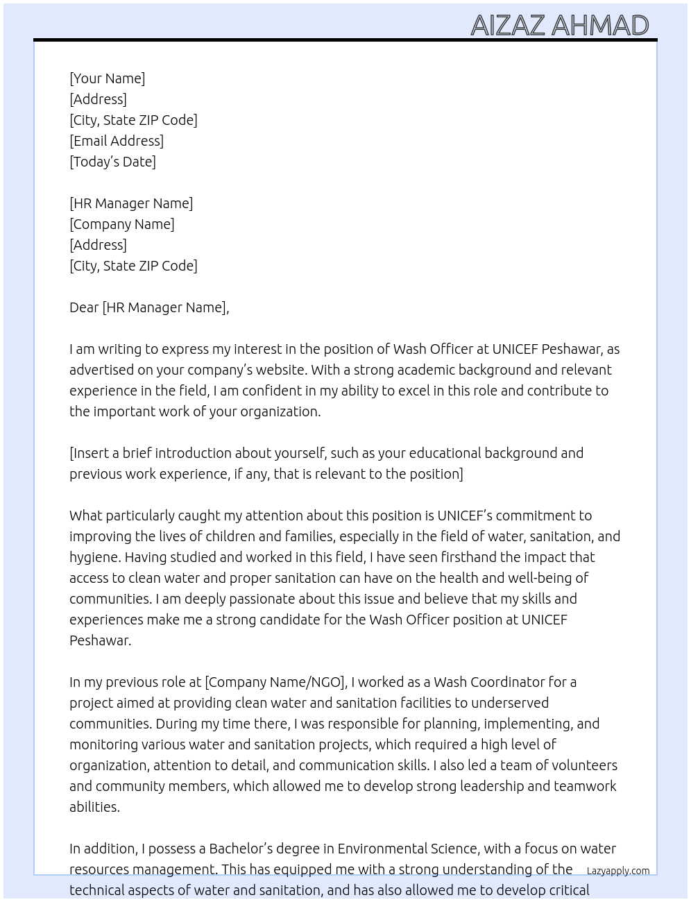 Wash officer At UNICEF Peshawar Cover Letter