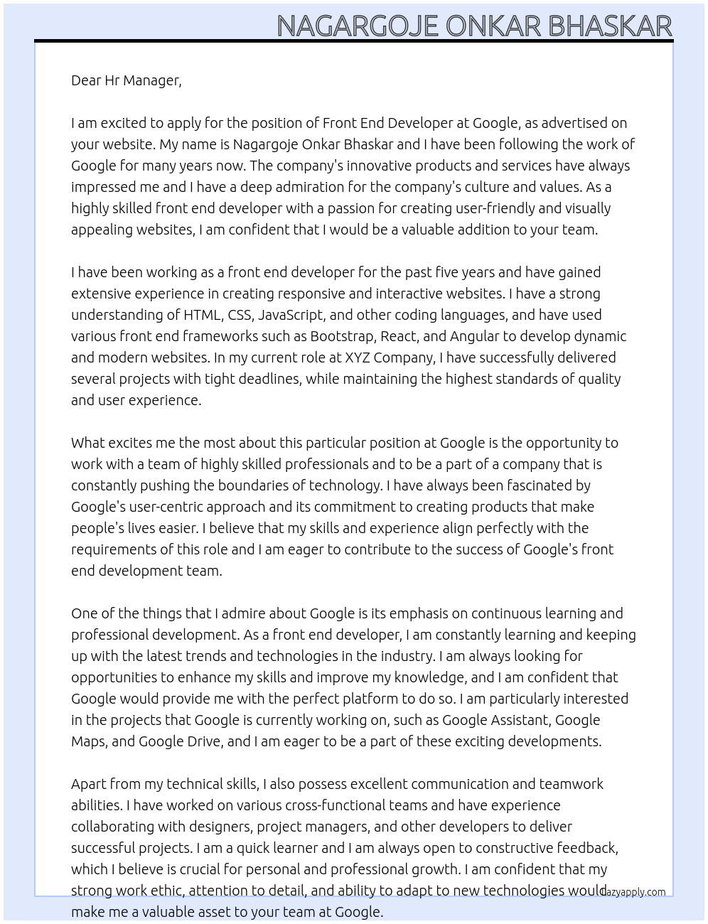 Front end developer At Google Cover Letter