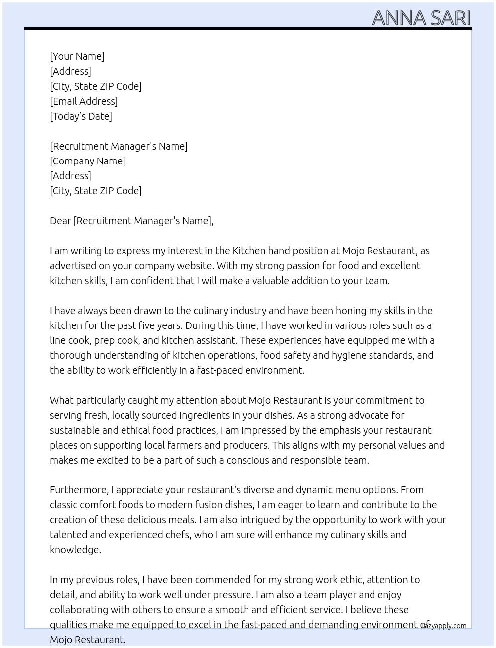 Kitchen hand At Mojo Restaurant Cover Letter