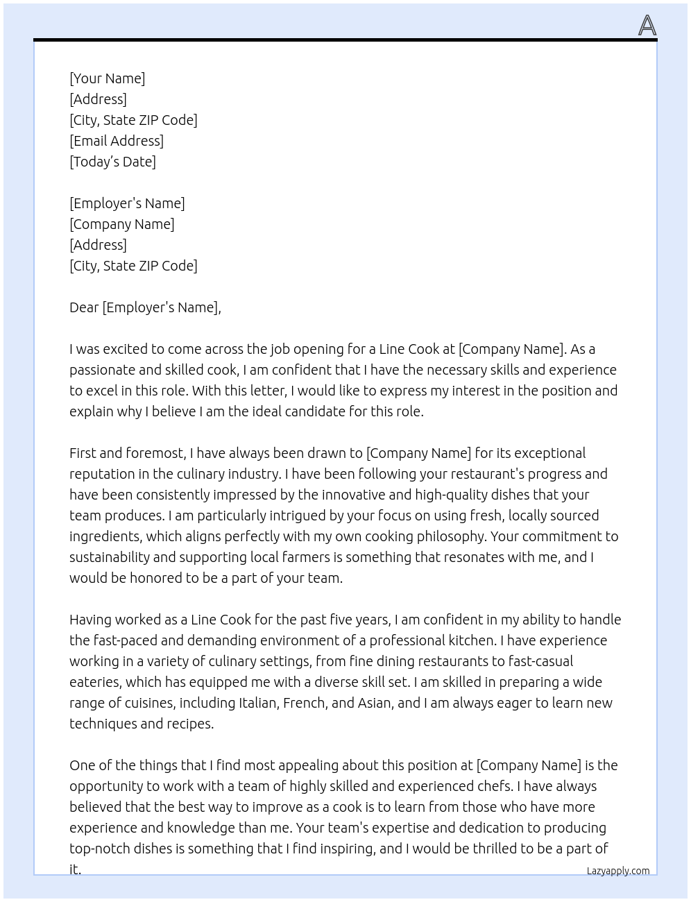 Line Cook At b Cover Letter