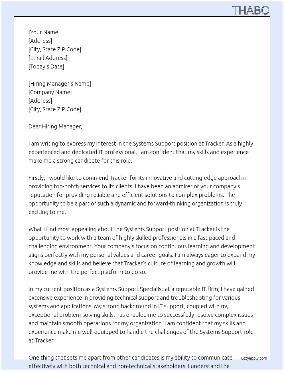 Cover letter for systems support - LazyApply
