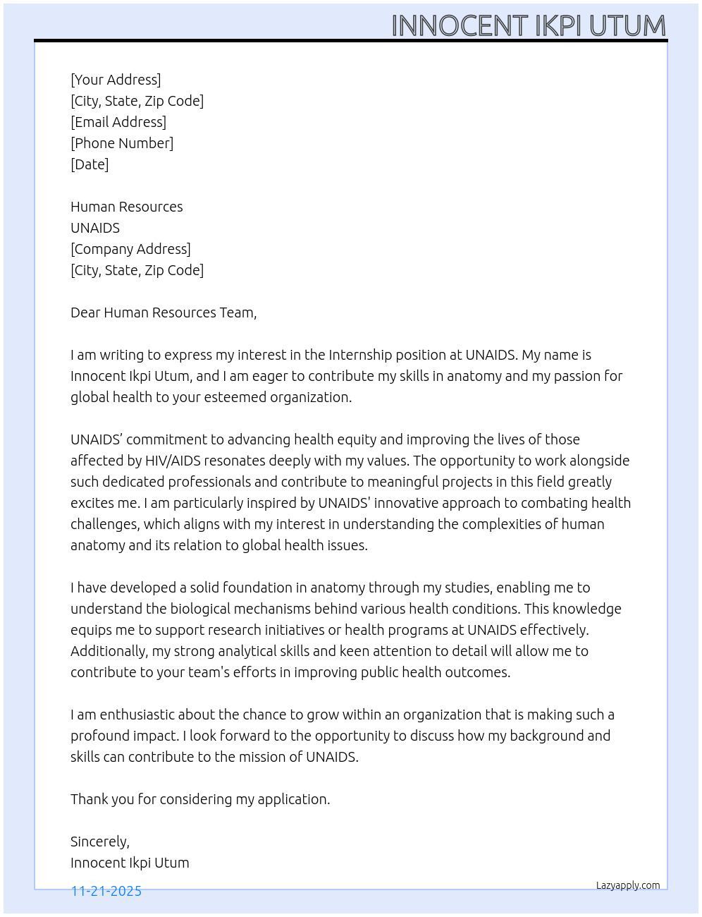 Internship At UNAIDS Cover Letter