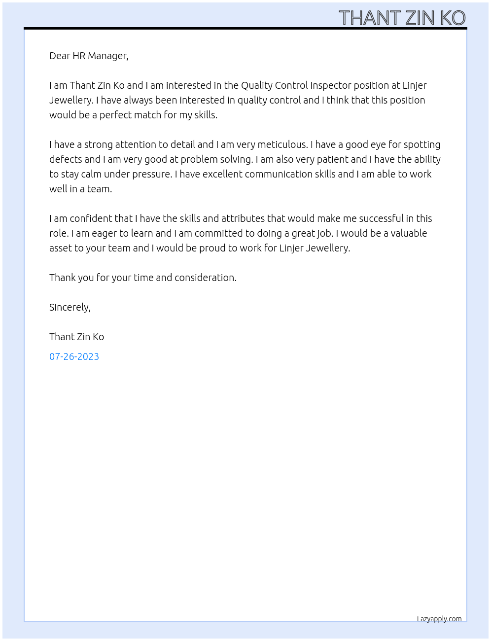 Quality control Inspector At Linjer Jewellery Cover Letter