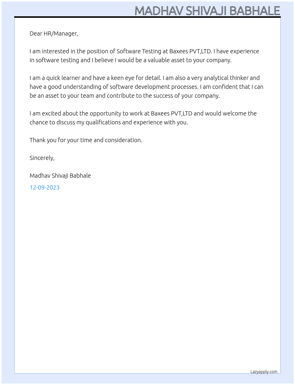 Software Testing At Baxees PVT,LTD Cover Letter
