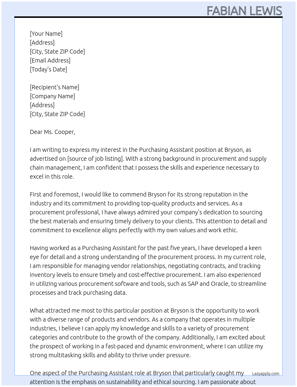 Purchasing Assistant At Bryson Cover Letter