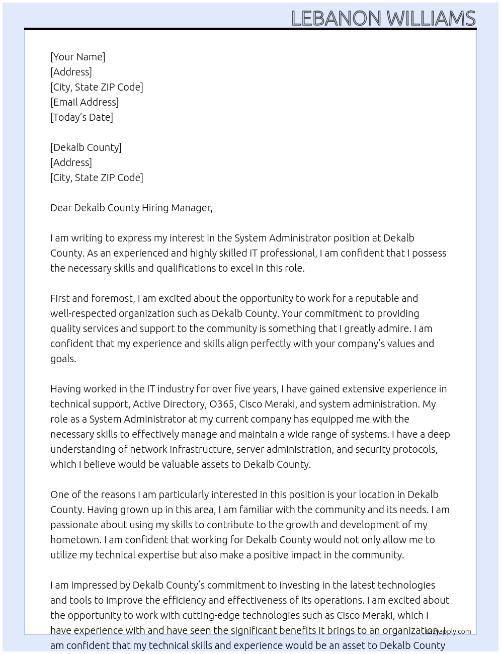 System Administrator At Dekalb County Cover Letter