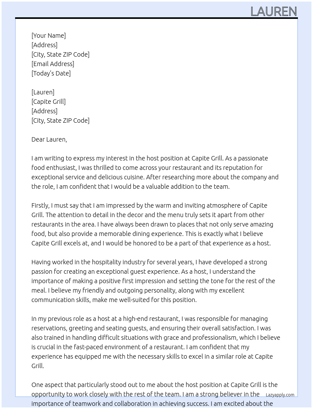 host At capite grill Cover Letter