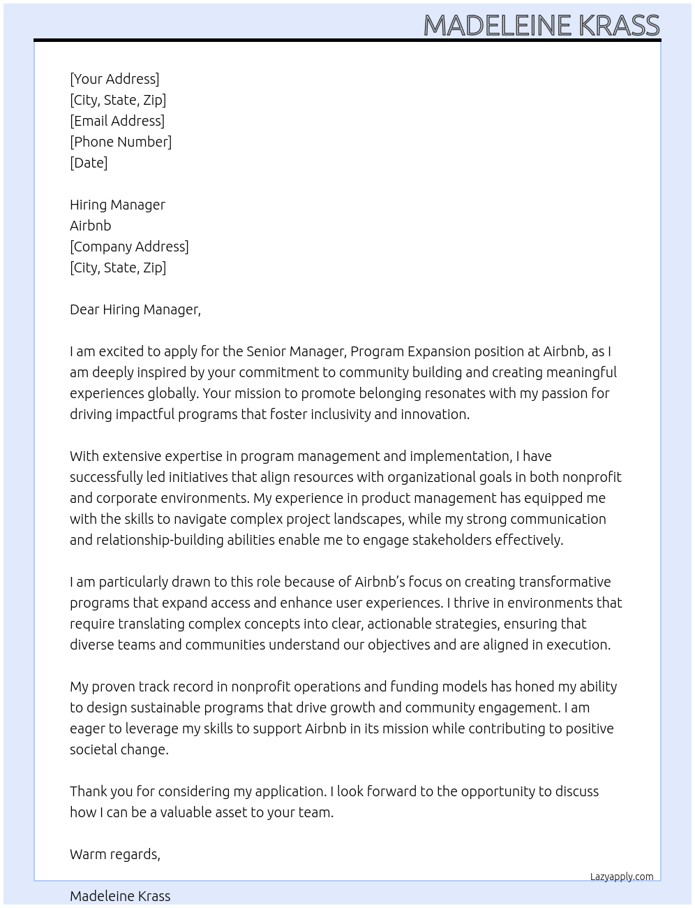 Senior Manager, Program Expansion At Airbnb Cover Letter