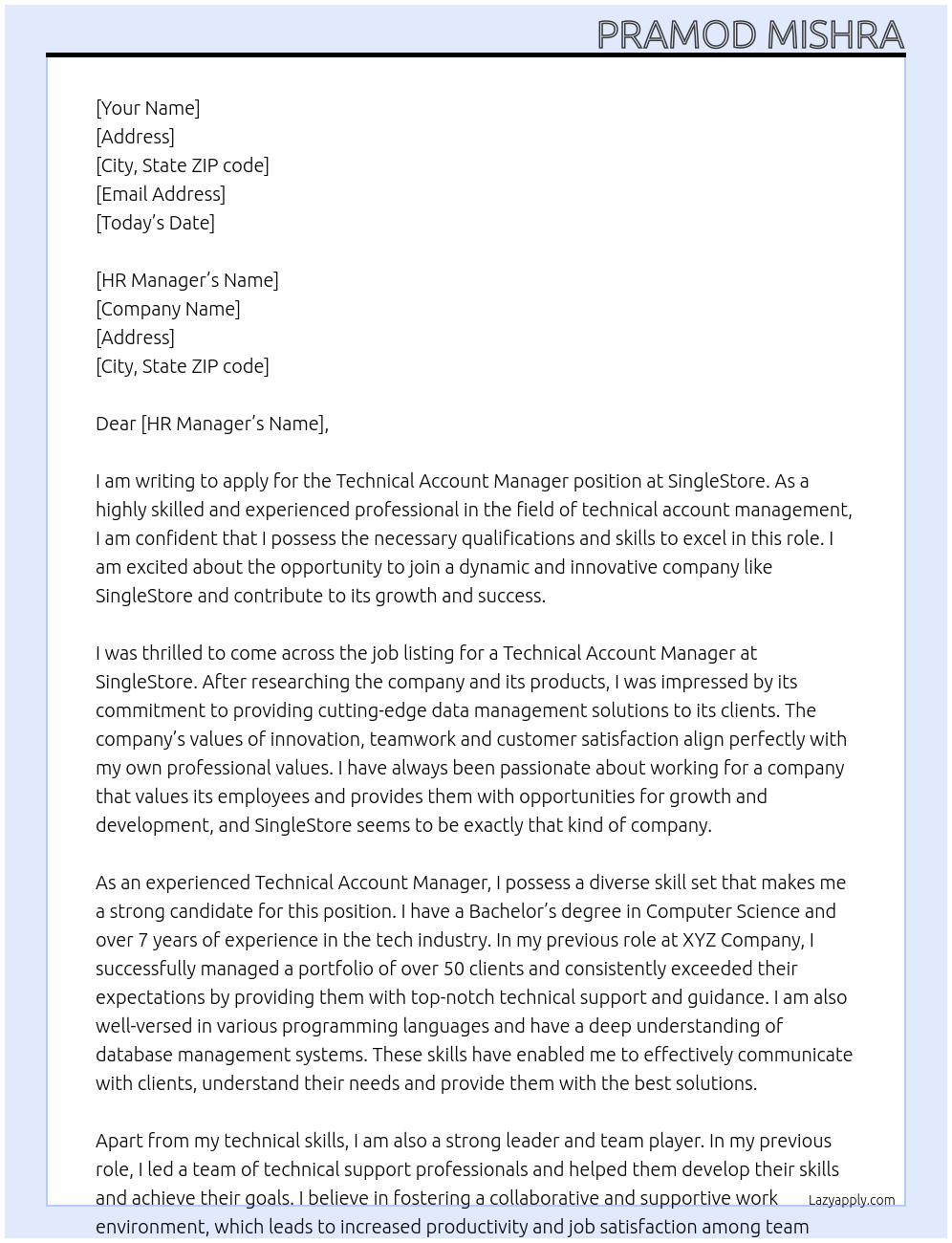 Technical Account Manager At SingleStore Cover Letter