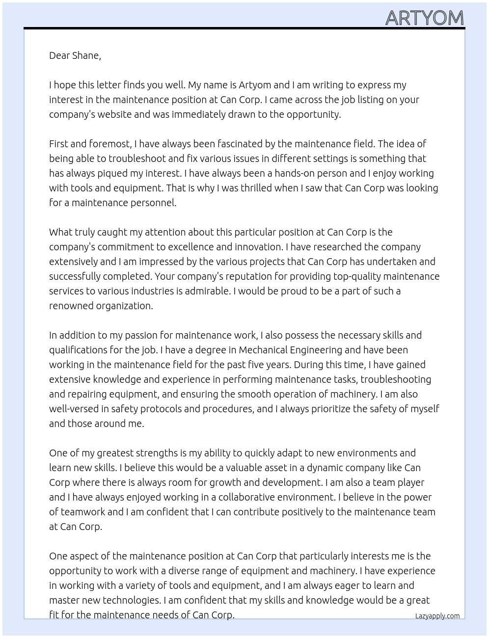 maintenance  At can corp Cover Letter