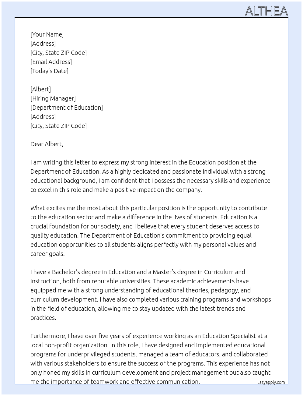 Education At Department of education Cover Letter