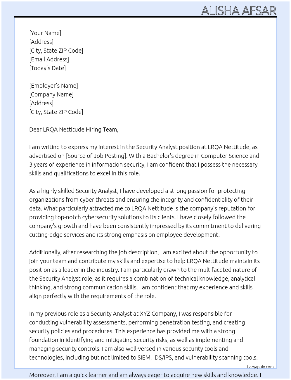 Security Analyst At LRQA Nettitude Cover Letter