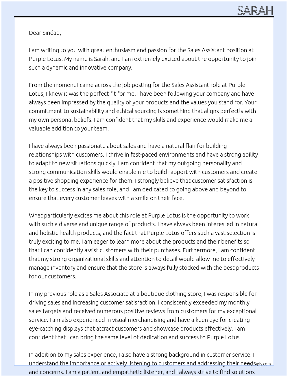 Sale Assistant At Purple Lotus Cover Letter