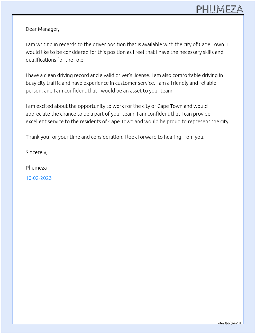 driver position At city of cape town Cover Letter