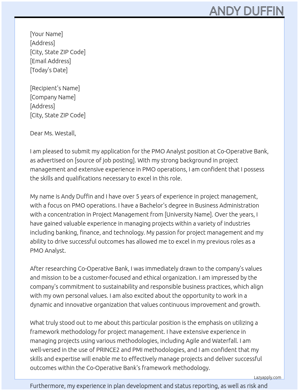 PMO Analyst At Co-Operative Bank Cover Letter