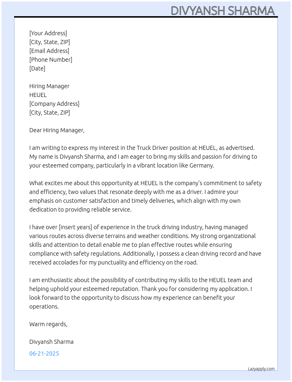 Truck Driver At HEUEL Cover Letter