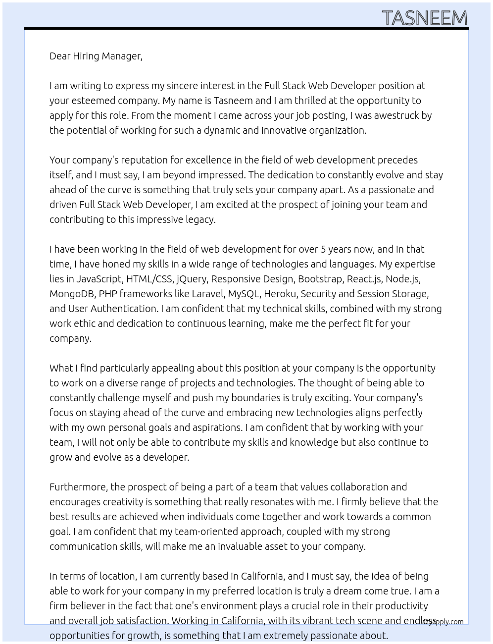 full stack web developer At your company Cover Letter