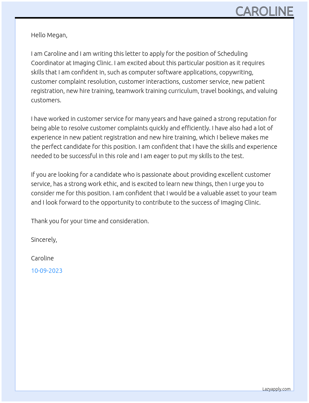 Scheduling Coordinator At Imaging Clinic Cover Letter