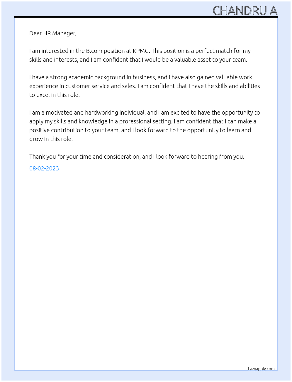 B.com At KPMG Cover Letter