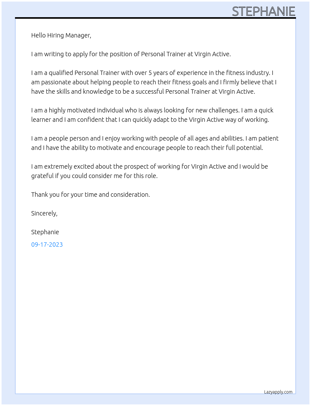 Personal Trainer At Virgin Active Cover Letter