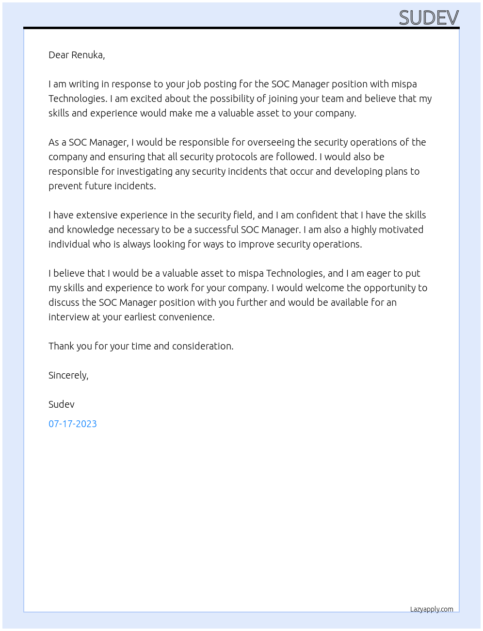 SOC Manager At mispa Technologies Cover Letter