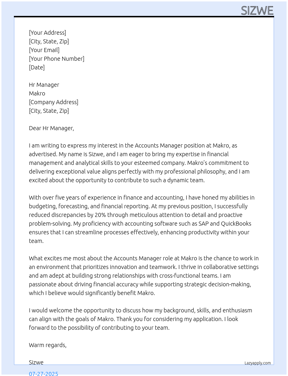 Cover letter for accounts manager - LazyApply